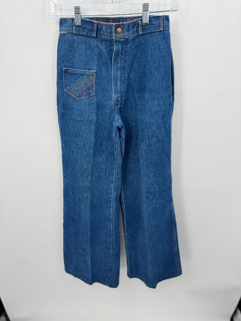 Vintage 70s Wrangler Rainbow Stitch Bell Bottom Jeans High Rise 7/8 Made in USA